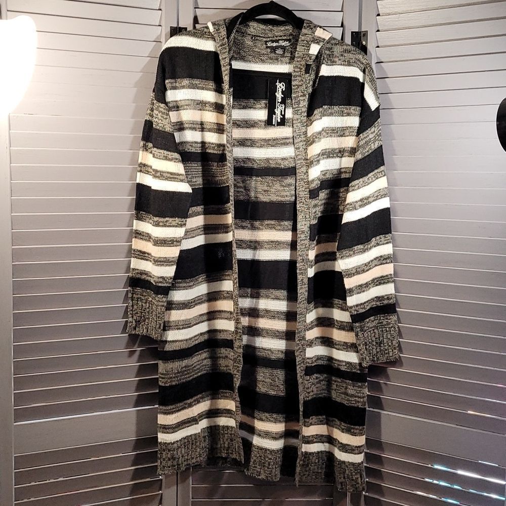 Evelyn Taylor Black, White, and Blush Striped Long Cardigan NWT